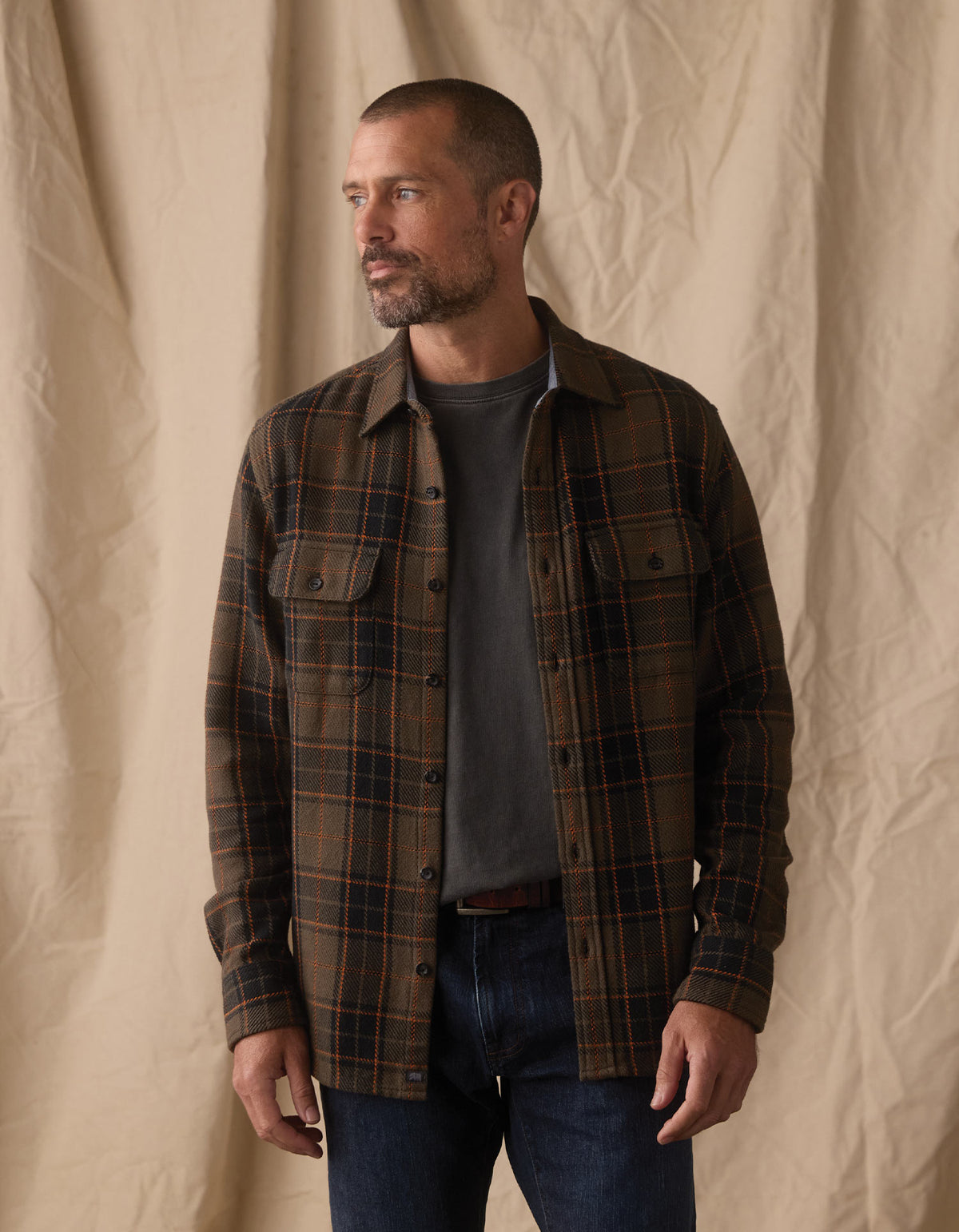 Mountain Textured Overshirt in Olive/Flame Plaid