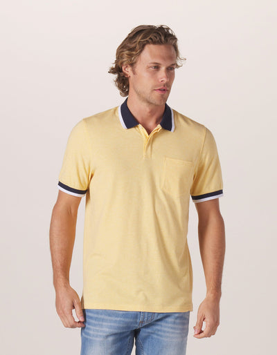 Active Puremeso Tipped Polo in Golden Hour On Model from Front