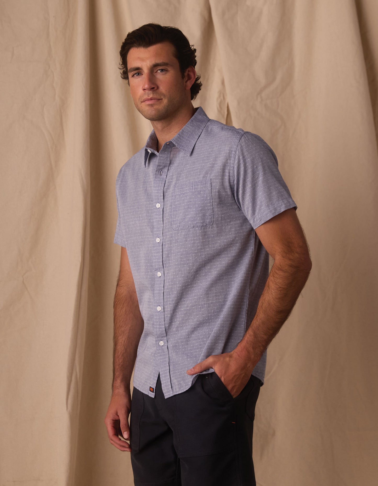 Freshwater Short Sleeve Button Up Shirt in Blue Dobby