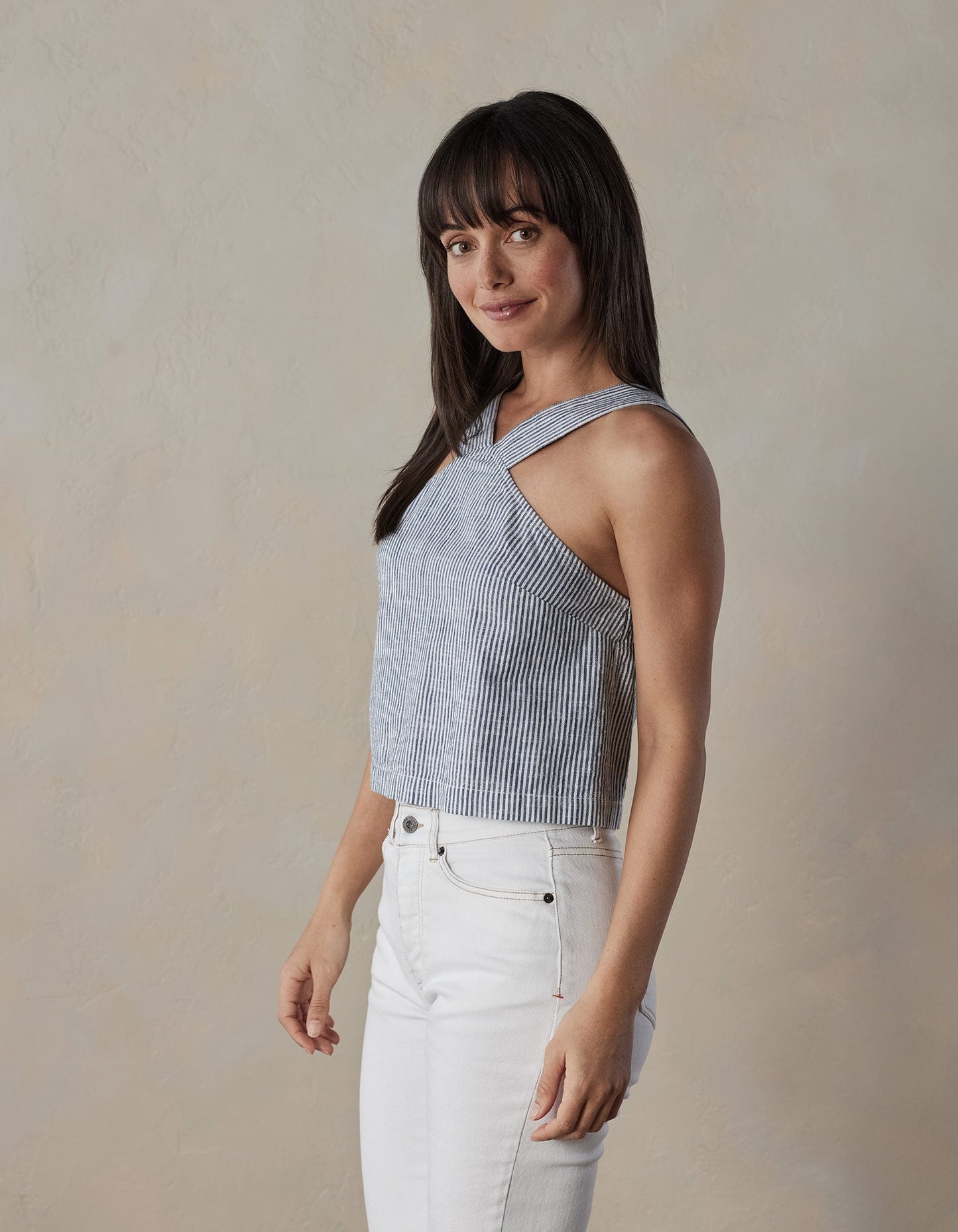 Lived-In Cotton Halter Tank in Navy Railroad Stripe