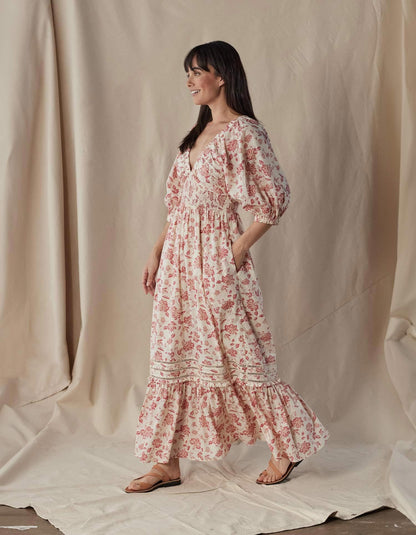 Isla Maxi Dress in Antique Floral Mineral Red