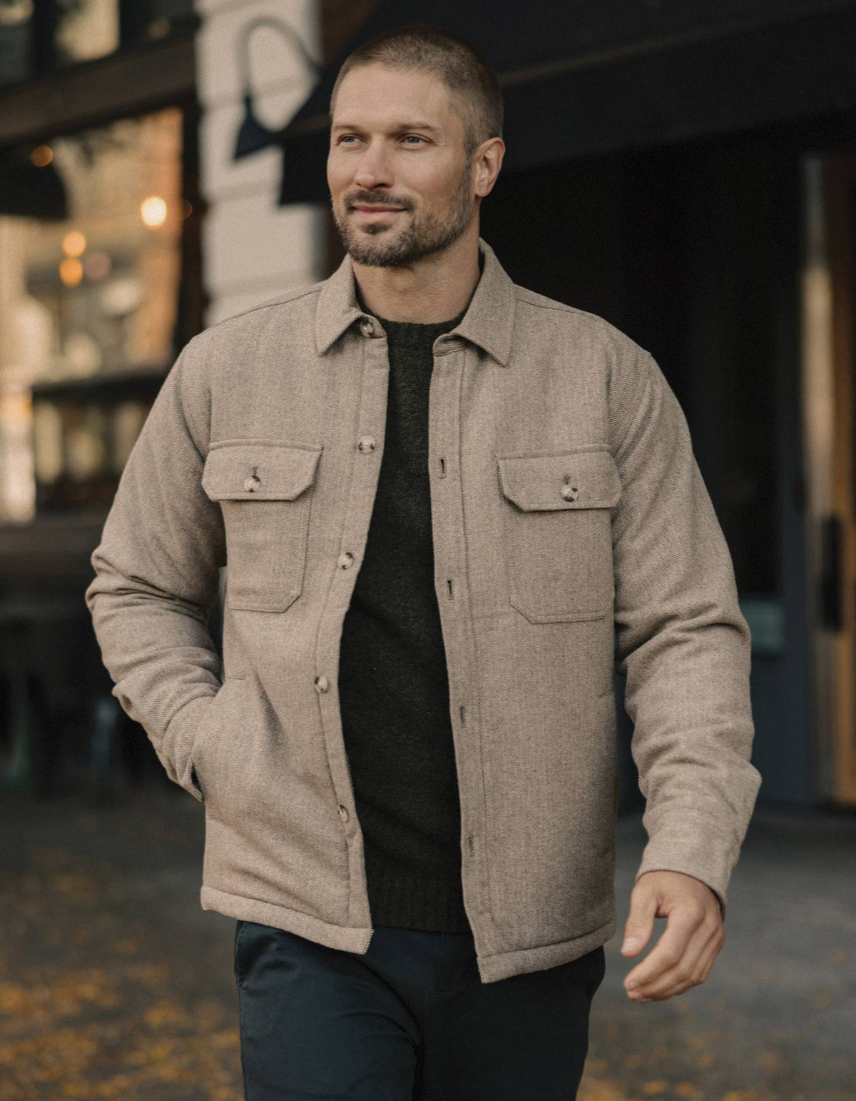 Herringbone Sherpa Lined Jacket in Taupe Herringbone