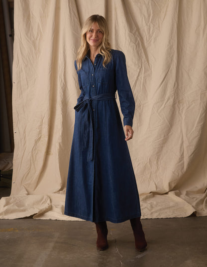 Cotton Denim Shirt Dress in Dark Wash