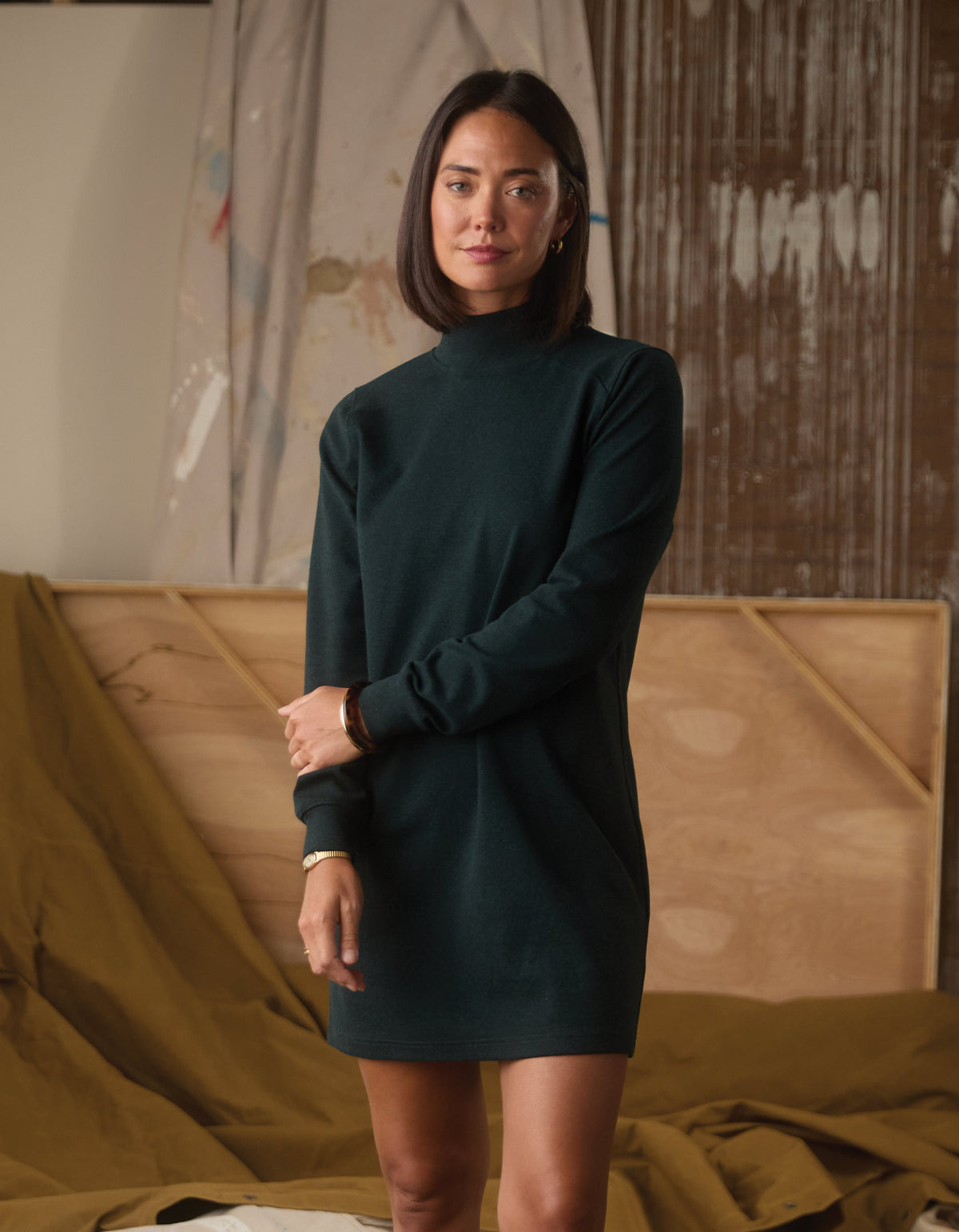 Puremeso Mockneck Everyday Dress in Emerald