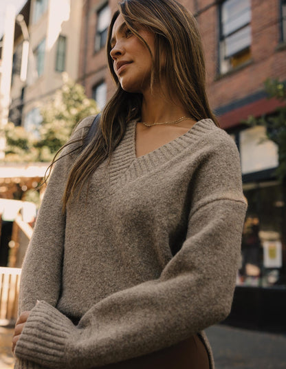 Homebound V-Neck Sweater in Toasted Chestnut — outdoor close-up on model