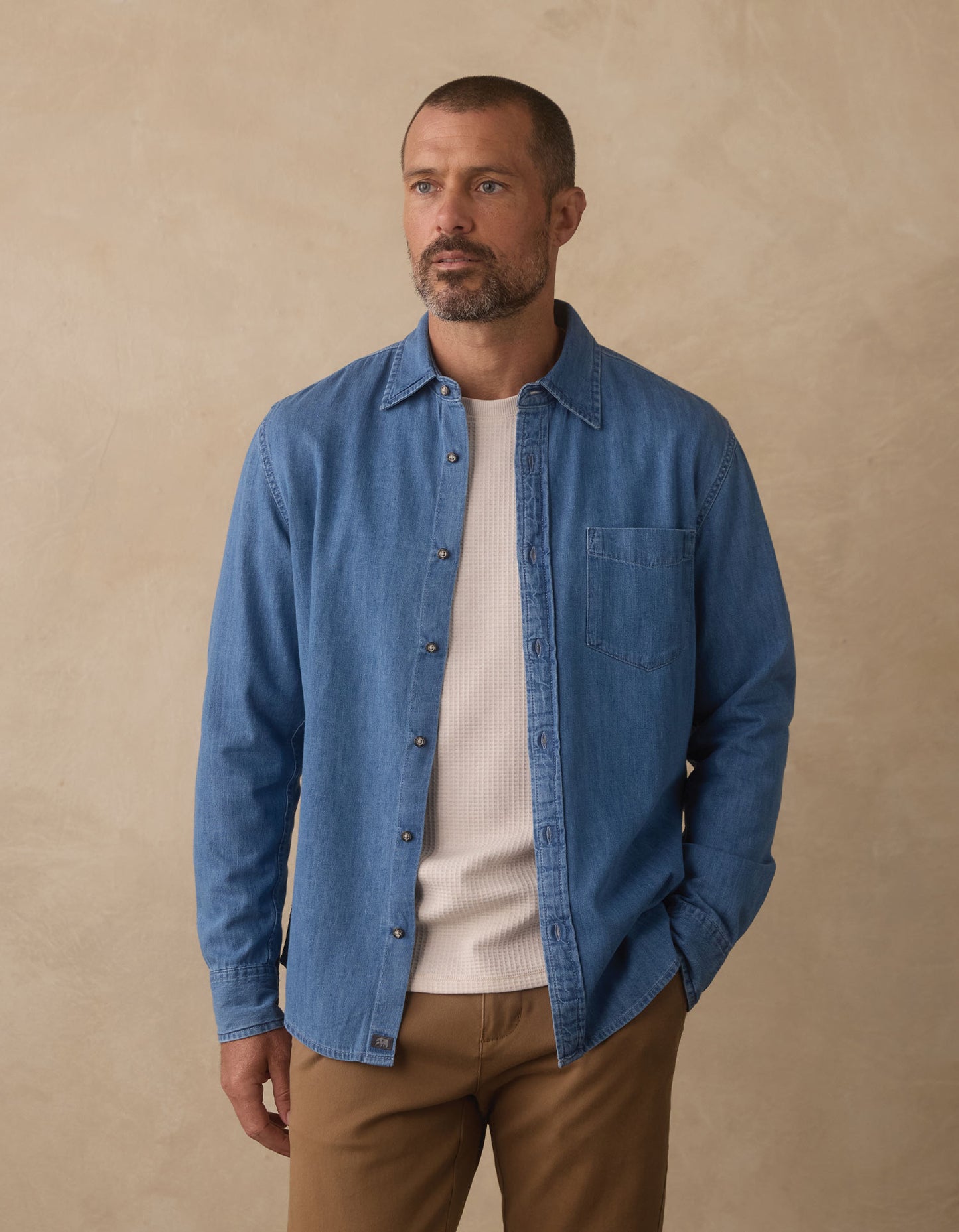 Cotton Denim Long Sleeve Button Up in Medium Wash