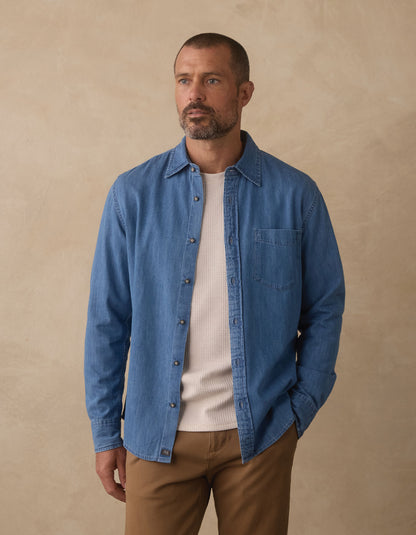 Cotton Denim Long Sleeve Button Up in Medium Wash