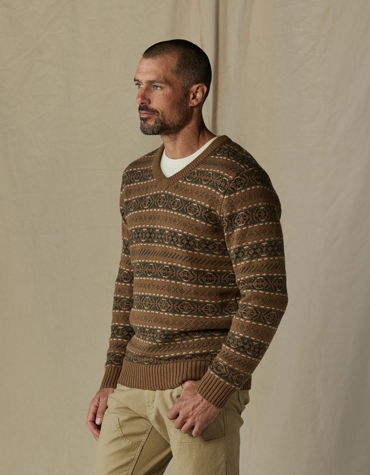 Fair Isle V-Neck Sweater in Teak Multi