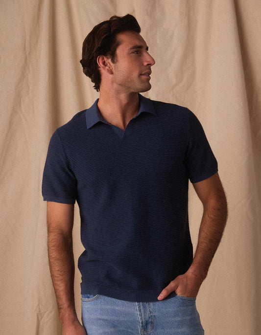 Robles Birdseye Knit Polo in Denim/Dark Navy