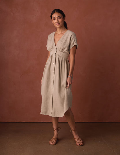 Kalo Gauze Deep V Button Thru Dress in Pumice