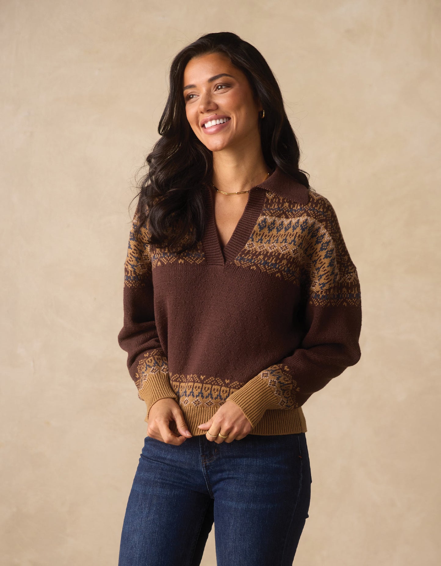 Fair Isle Polo Sweater in Brown Multi