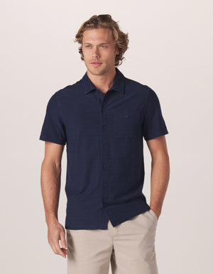 Sequoia Jacquard Button Down in Navy On Model from Front