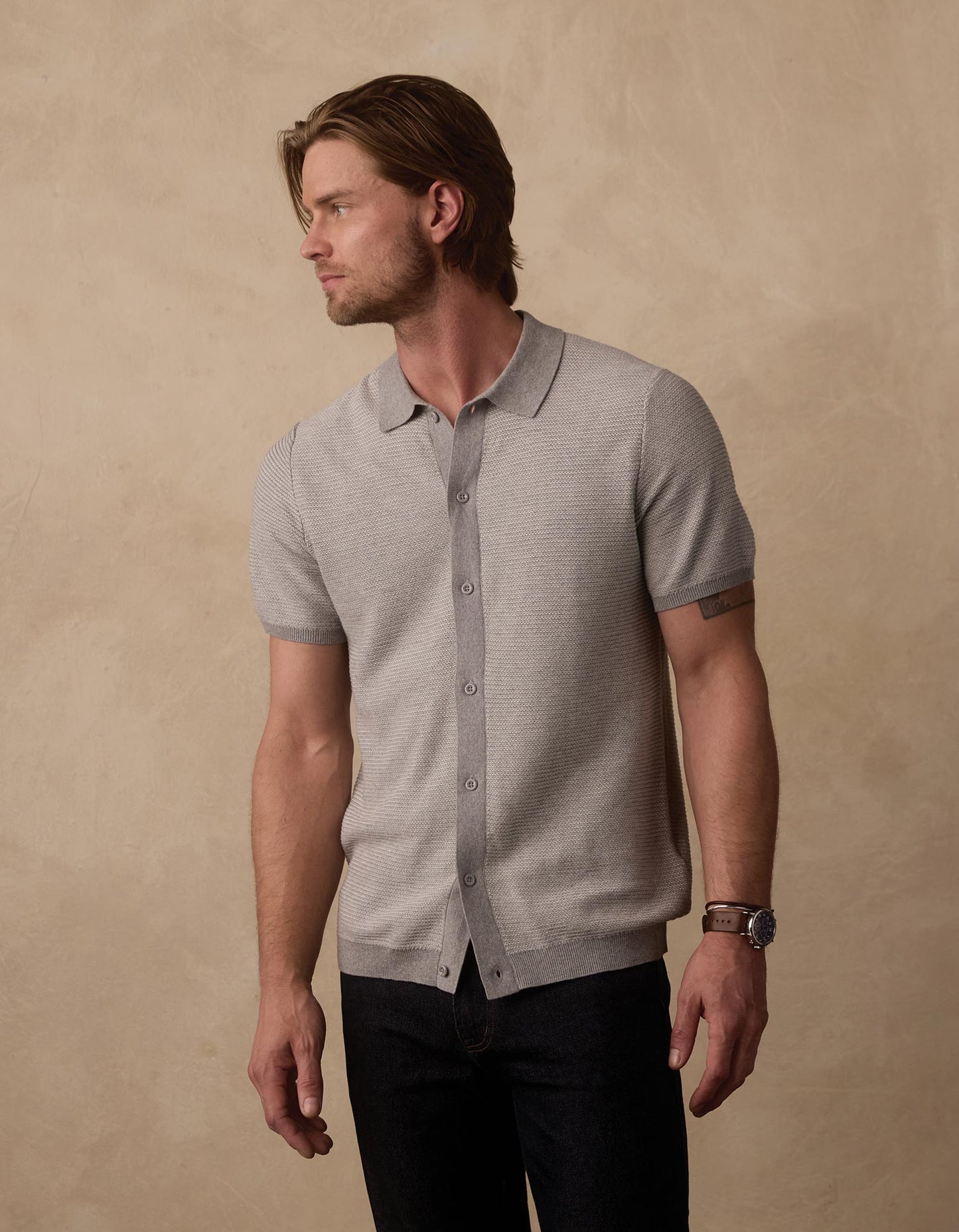 Robles Birdseye Knit Button Up in Light Grey