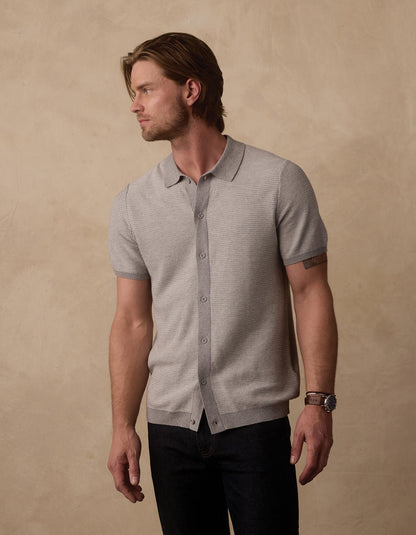 Robles Birdseye Knit Button Up in Light Grey