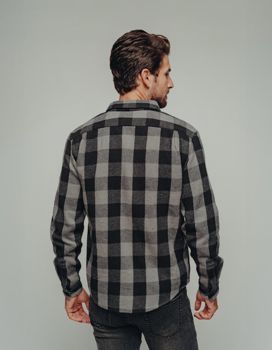 Boone Heavy Brushed Twill Overshirt in Grey Plaid