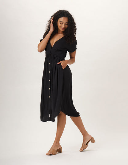 Deep V Button Thru Dress in Black