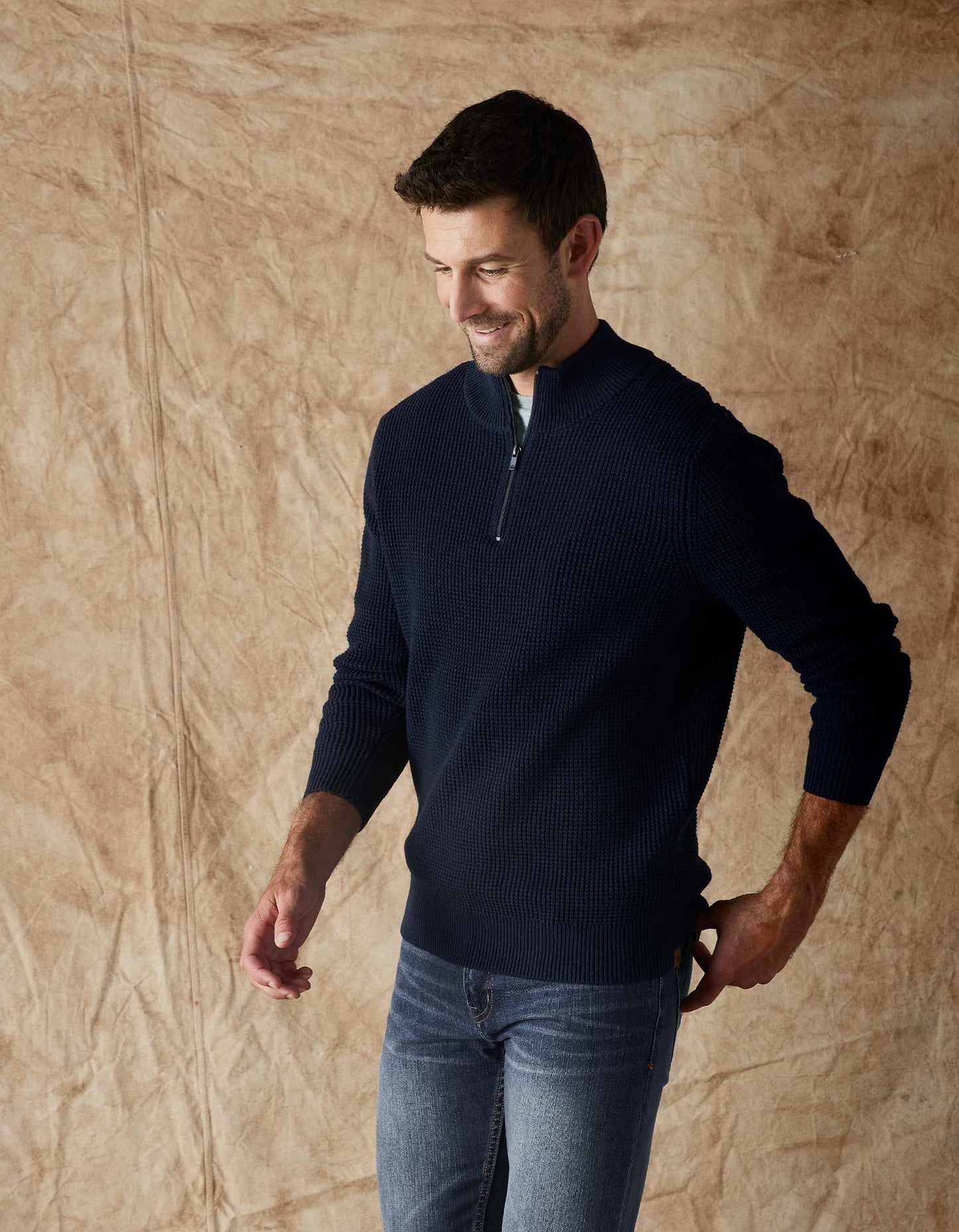 Waffle Knit Quarter Zip Pullover in Navy