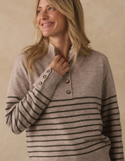Marianna Button Popover Sweater in Oat/Olive Stripe