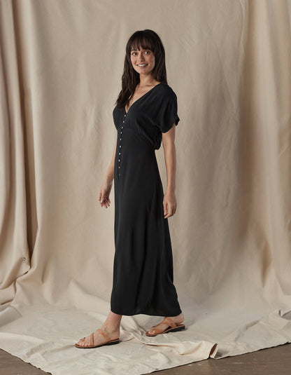 Aria Crepe Button Thru Maxi Dress in Black