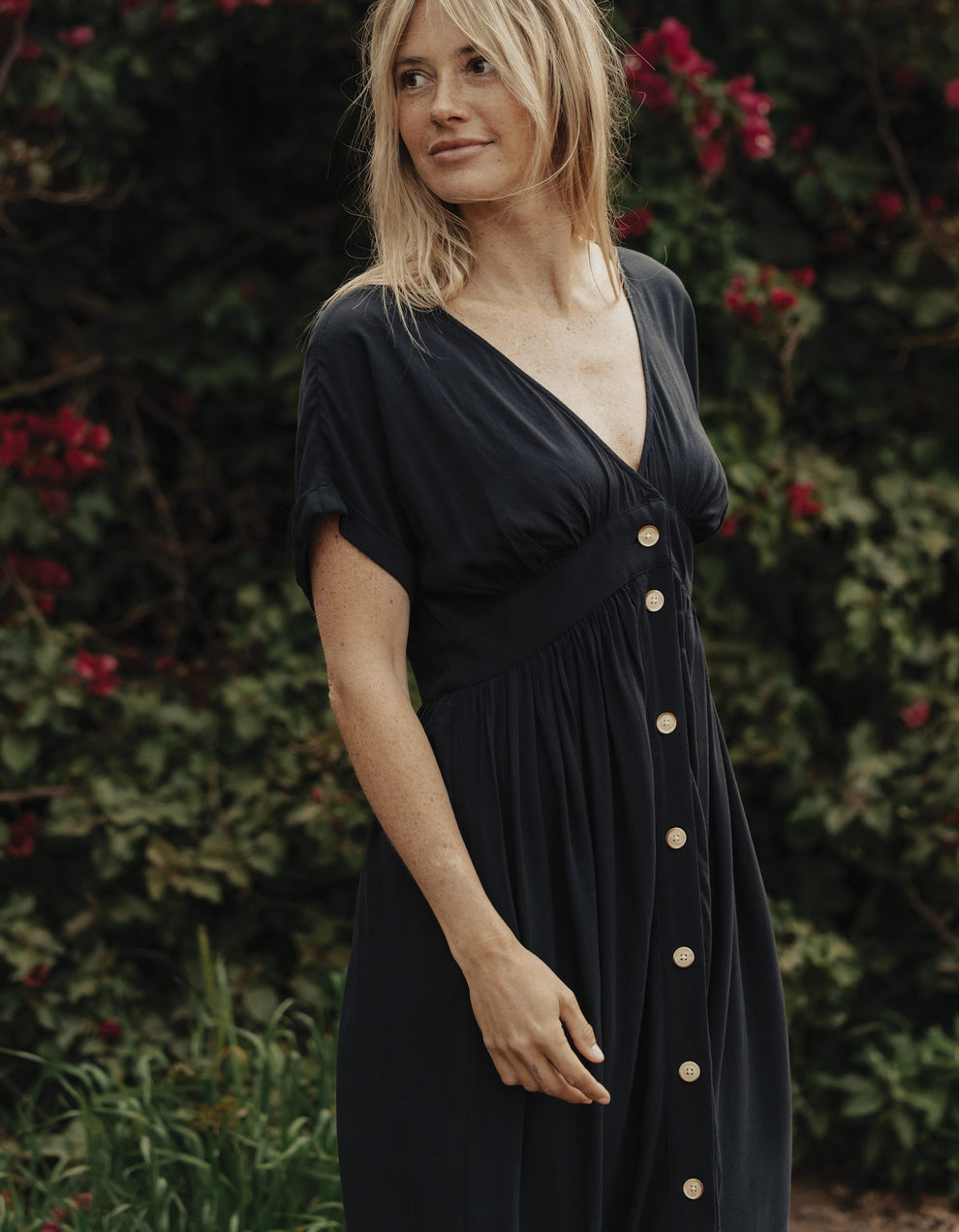 Deep V Button Thru Dress in Black – The Normal Brand