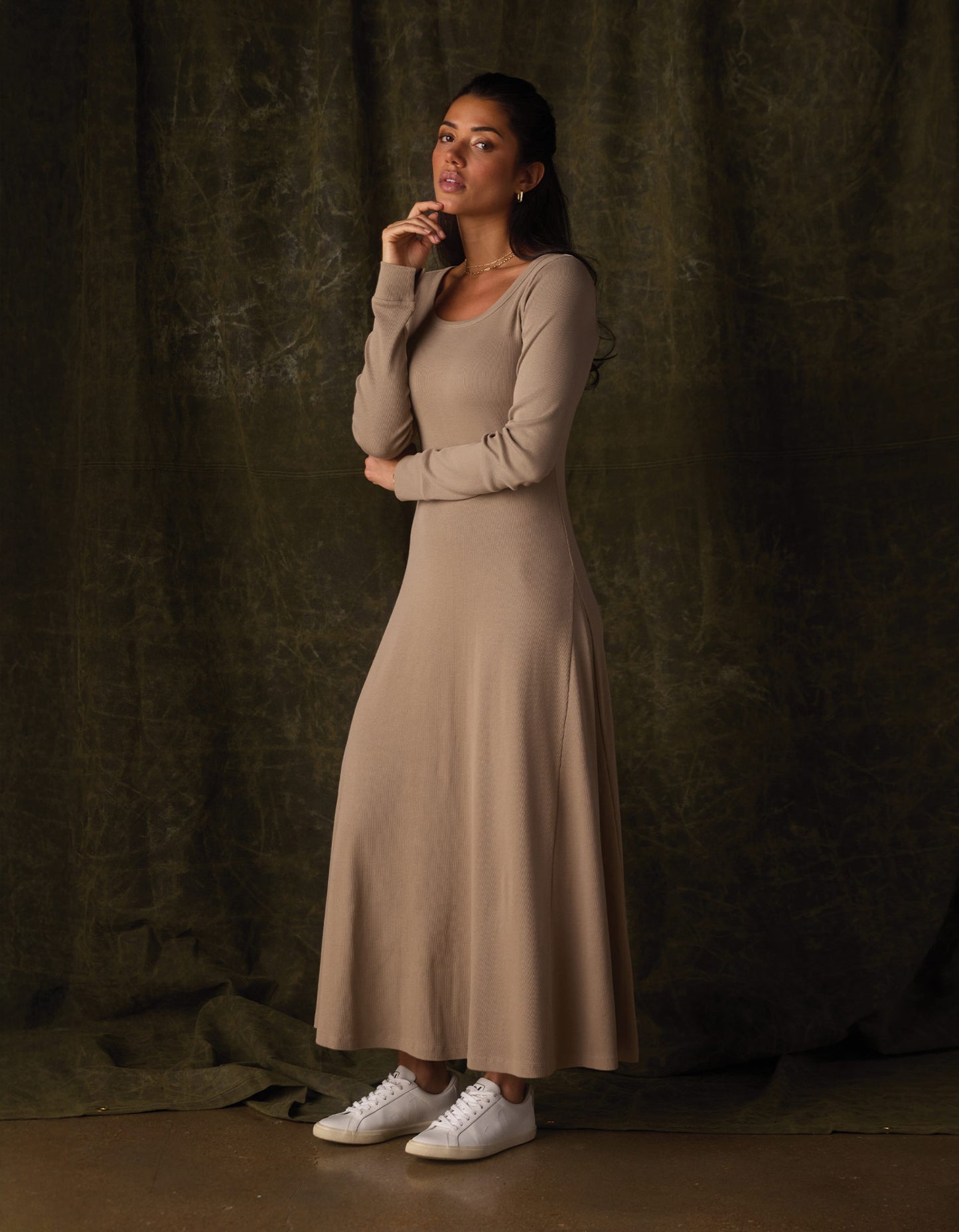 Normal Rib Long Sleeve Dress in Fawn