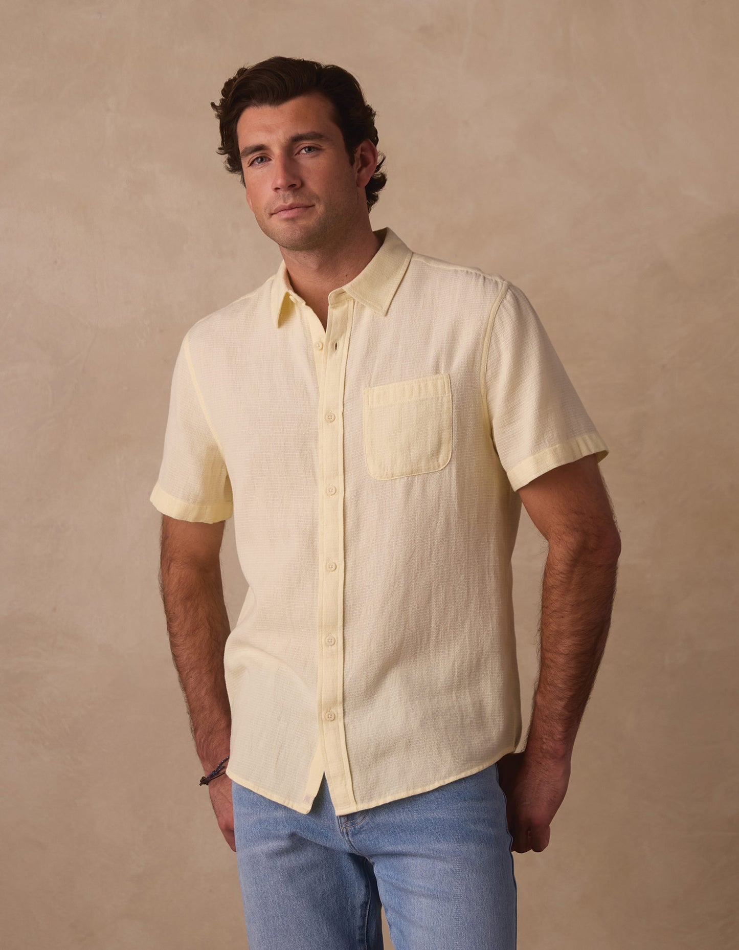Freshwater Short Sleeve Button Up Shirt in Summer Yellow Check