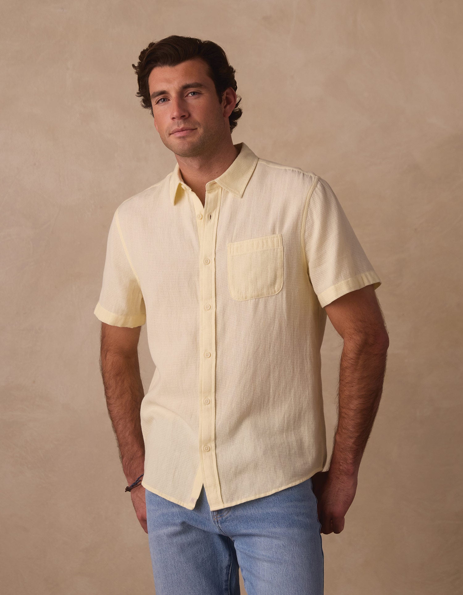 light yellow dress shirt Freshwater Short Sleeve Button Up Shirt in Summer Yellow Check S