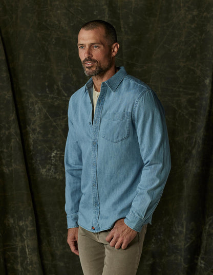 Cotton Denim Long Sleeve Button Up in Light Wash