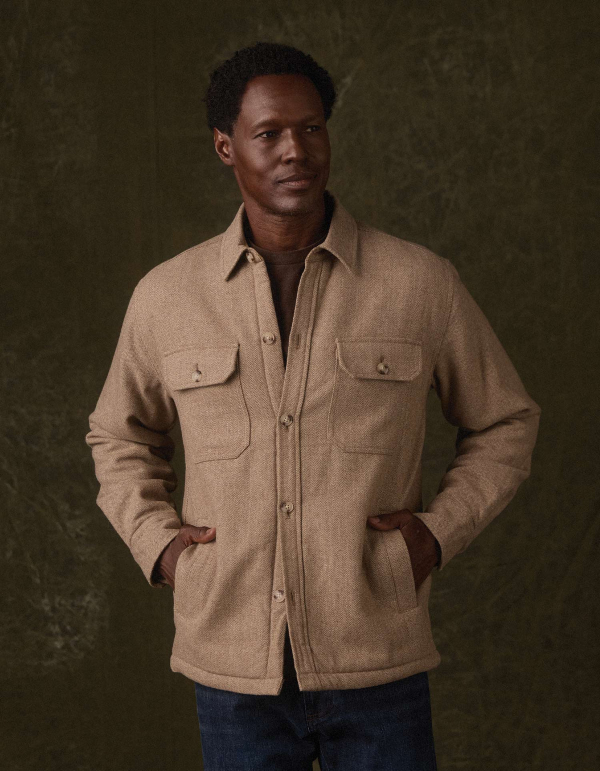 Herringbone Sherpa Lined Jacket in Taupe Herringbone
