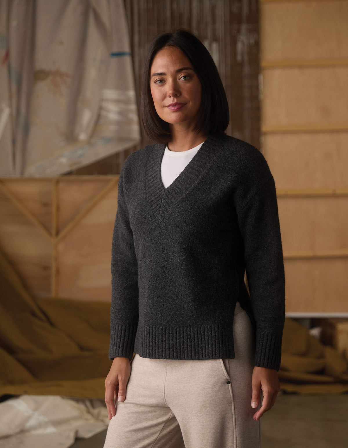Homebound V-Neck Sweater in Charcoal — full front view