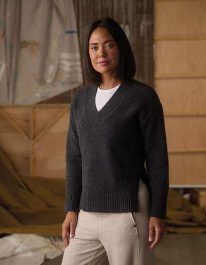 Homebound V-Neck Sweater in Charcoal — full front view