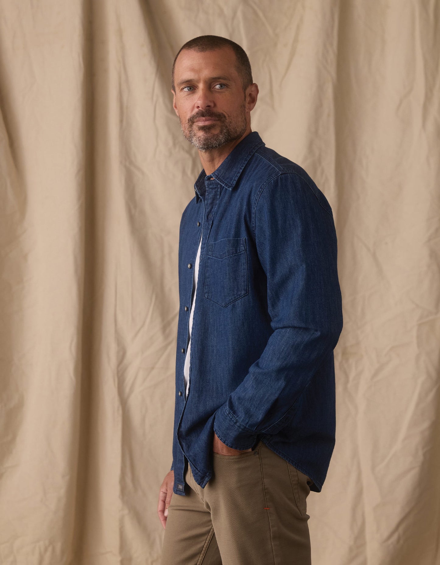 Cotton Denim Long Sleeve Button Up in Dark Wash