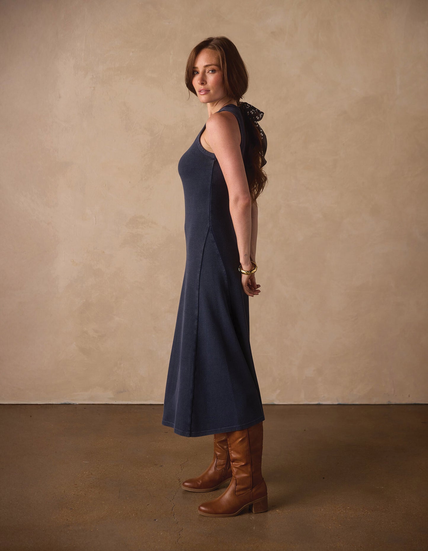 Vintage Thermal Midi Dress in Dark Indigo