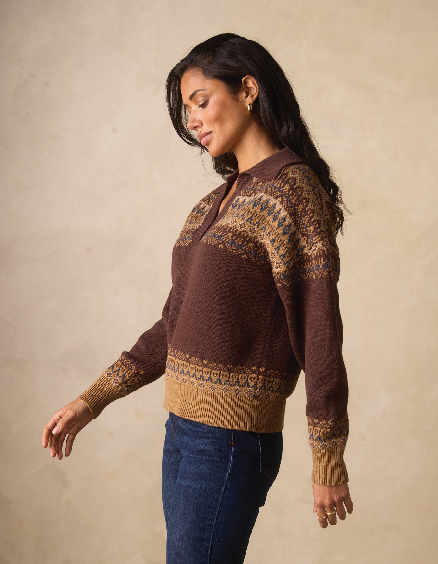 Fair Isle Polo Sweater in Brown Multi