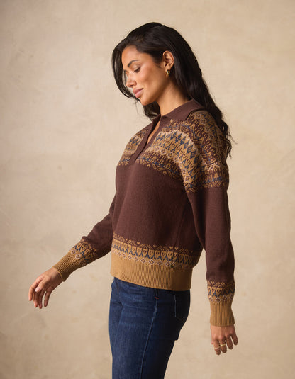 Fair Isle Polo Sweater in Brown Multi