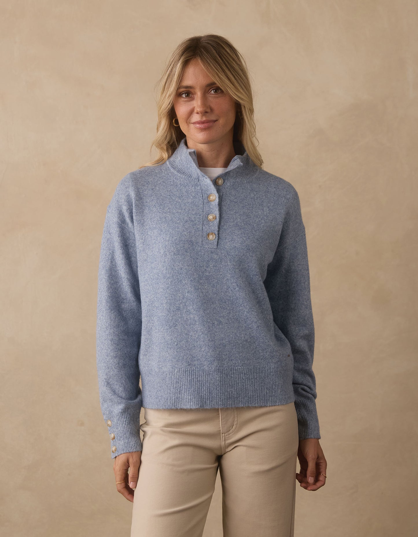 Marianna Button Popover Sweater in Vintage Blue