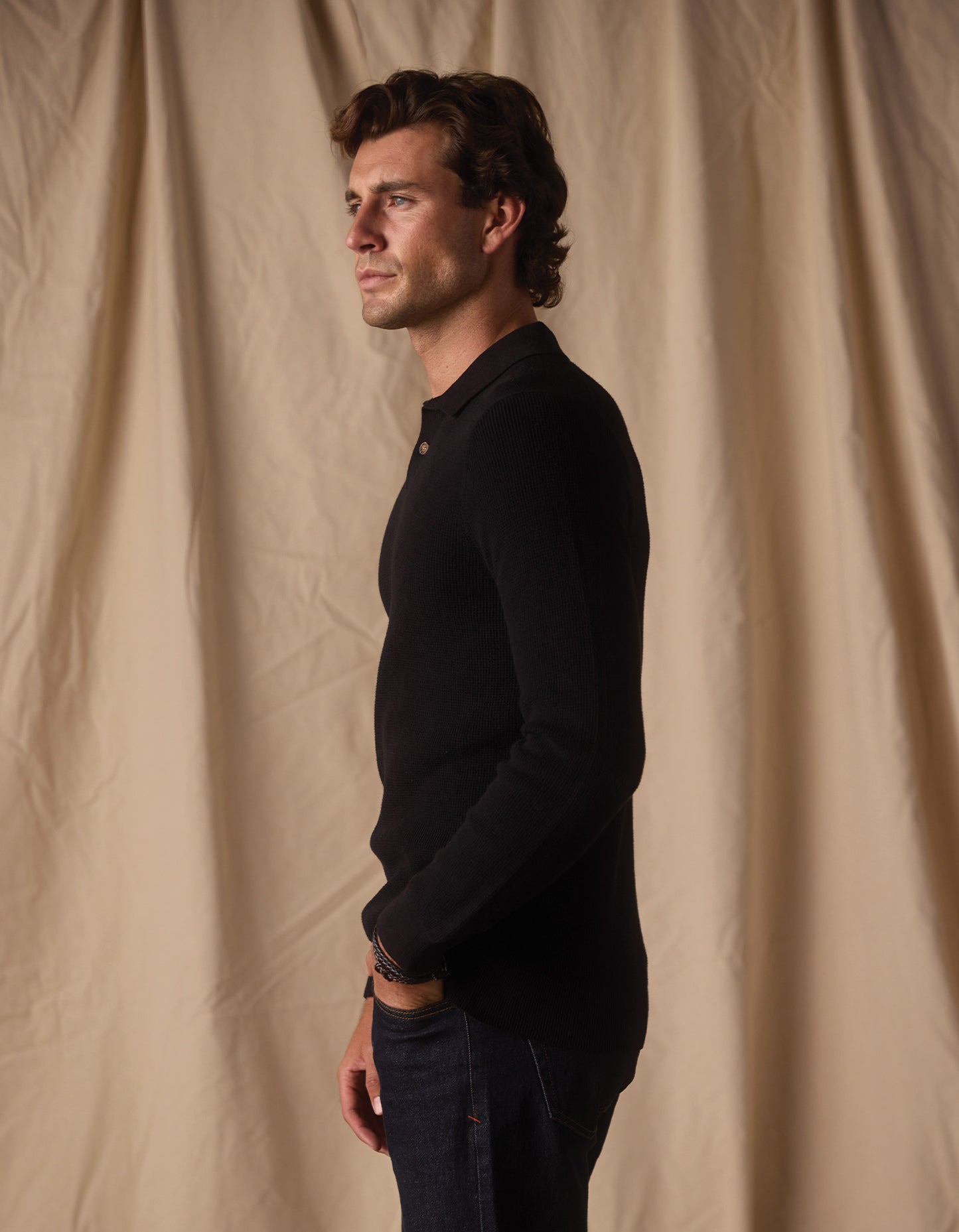 Robles Knit Waffle Stitch Polo in Black