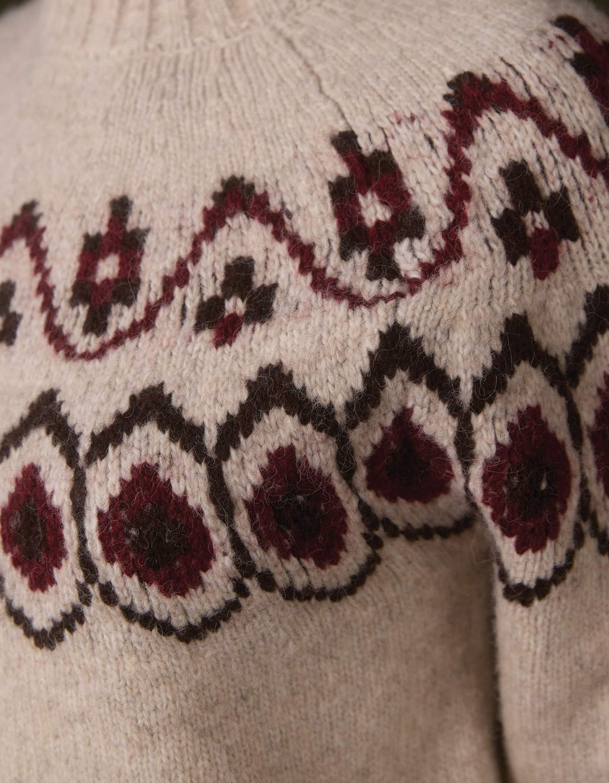 Astrid Fair Isle Sweater in Port Wine Multi — fair isle pattern detail