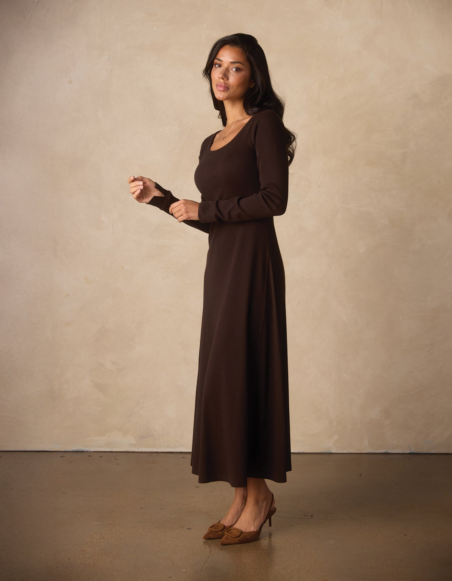 Normal Rib Long Sleeve Dress in Dark Brown