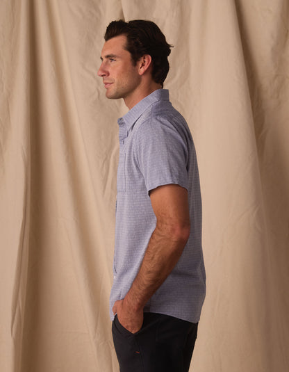 Freshwater Short Sleeve Button Up Shirt in Blue Dobby