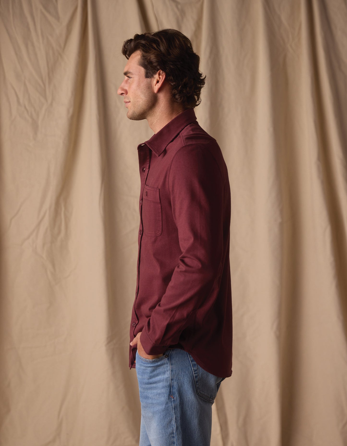 Lennox Jersey Button Up in Port Wine