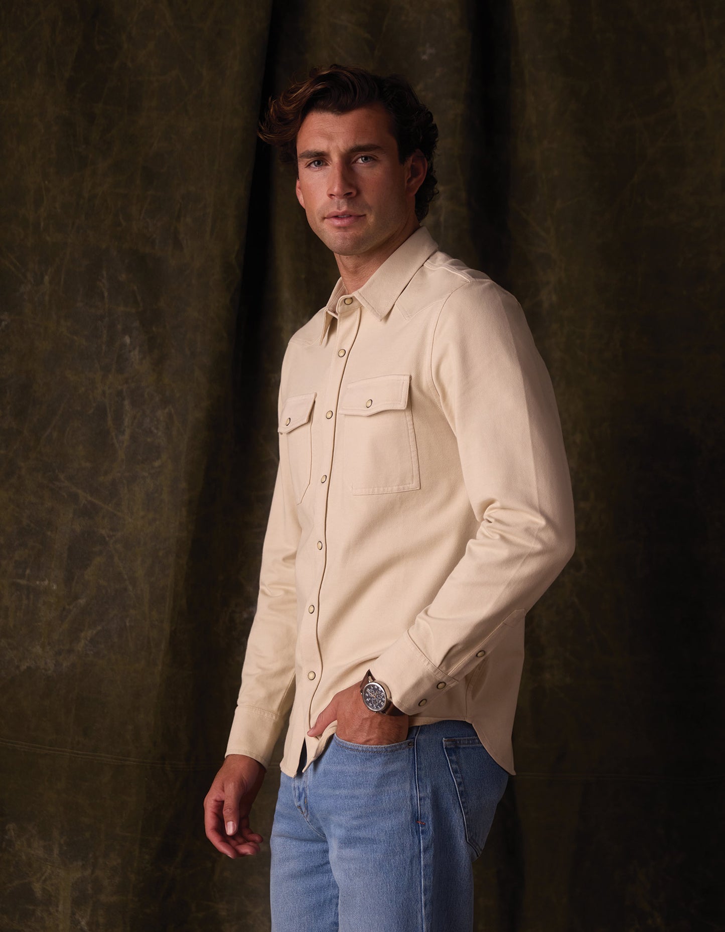 Tentoma Stretch Vintage Button Up in Bone