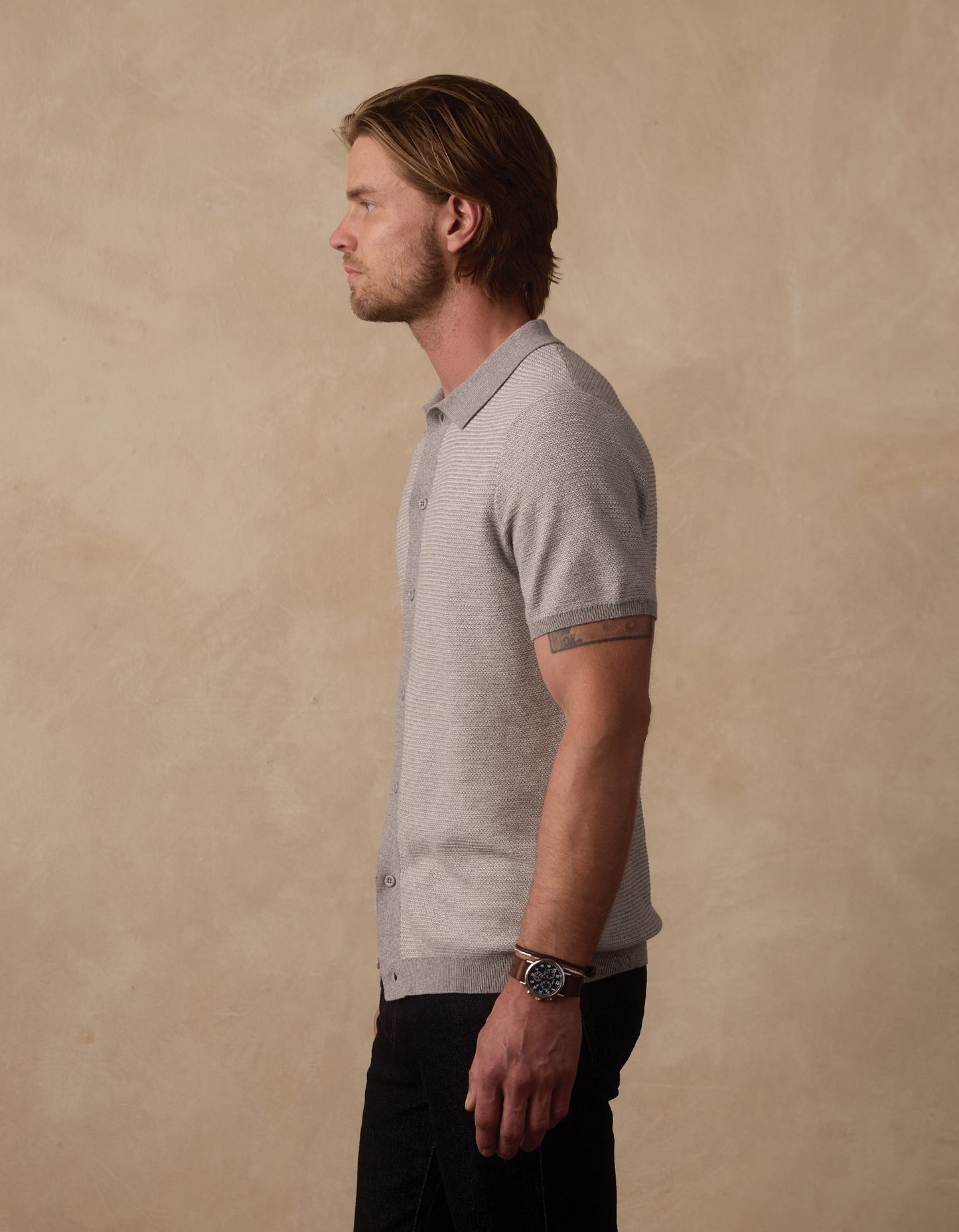 Robles Birdseye Knit Button Up in Light Grey