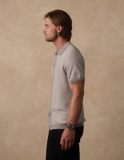 Robles Birdseye Knit Button Up in Light Grey