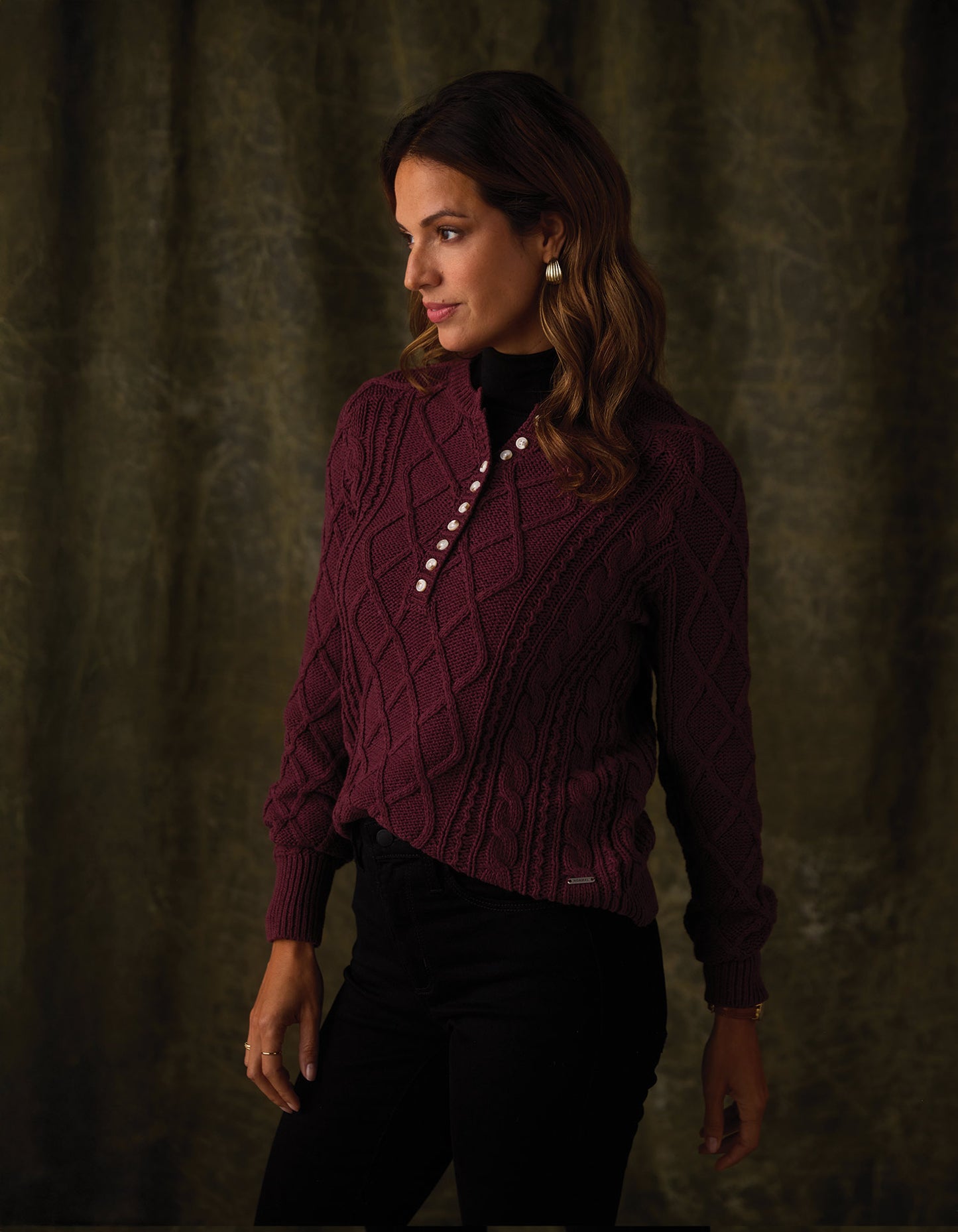 Josefine Cableknit Henley in Port Wine