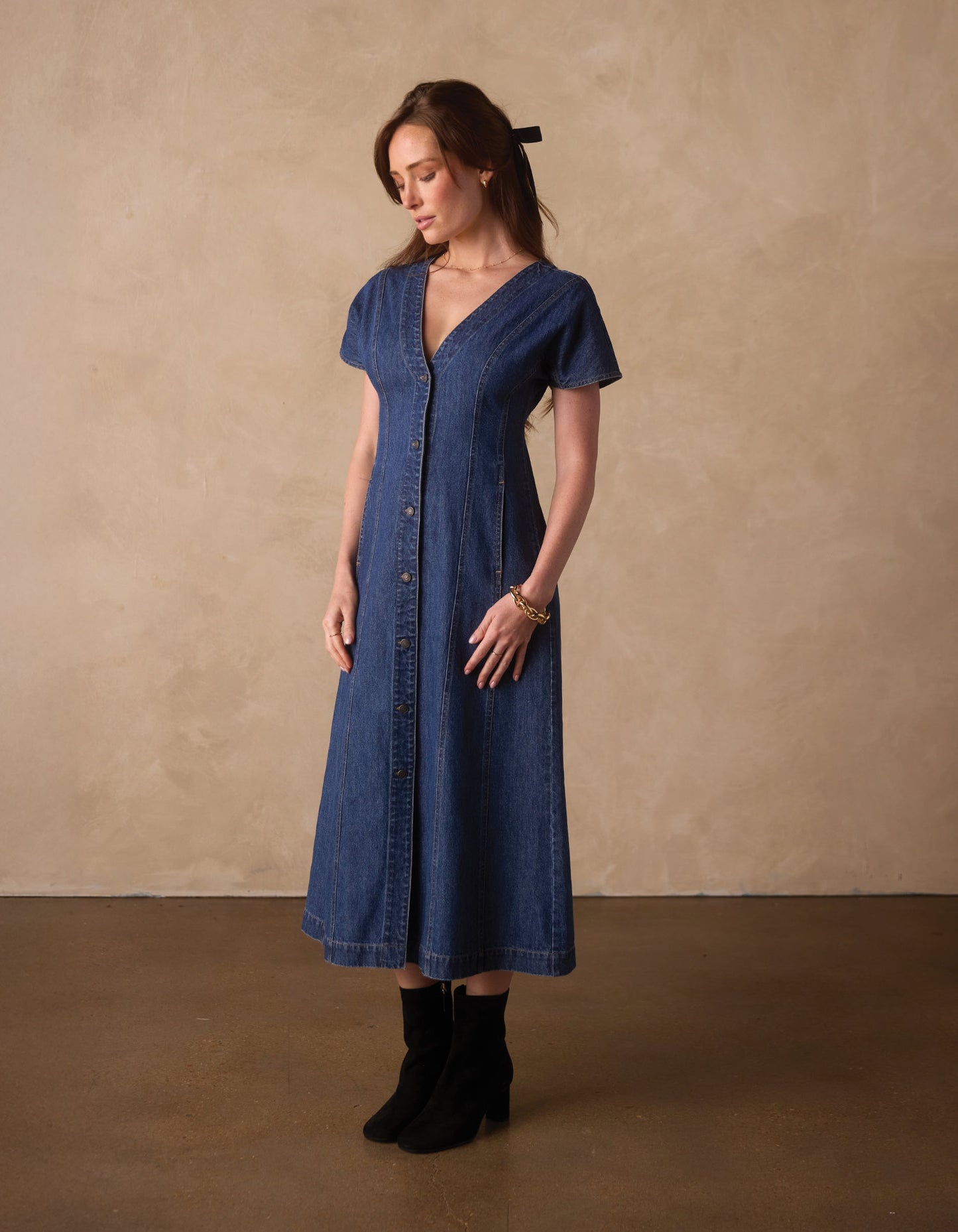 Denim Seamed Midi Dress in Medium Wash