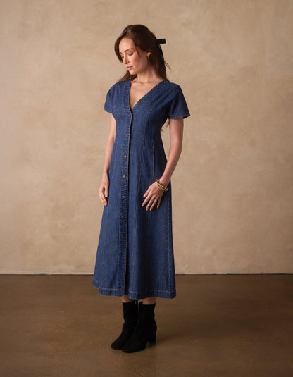 Denim Seamed Midi Dress in Medium Wash