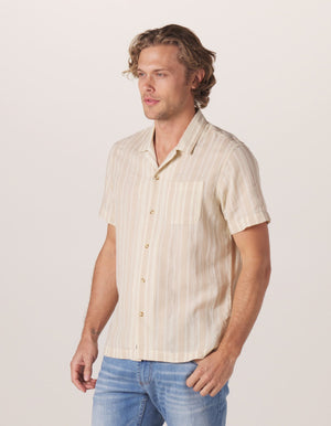 Freshwater Camp Shirt in Montecristo Stripe On Model from Side