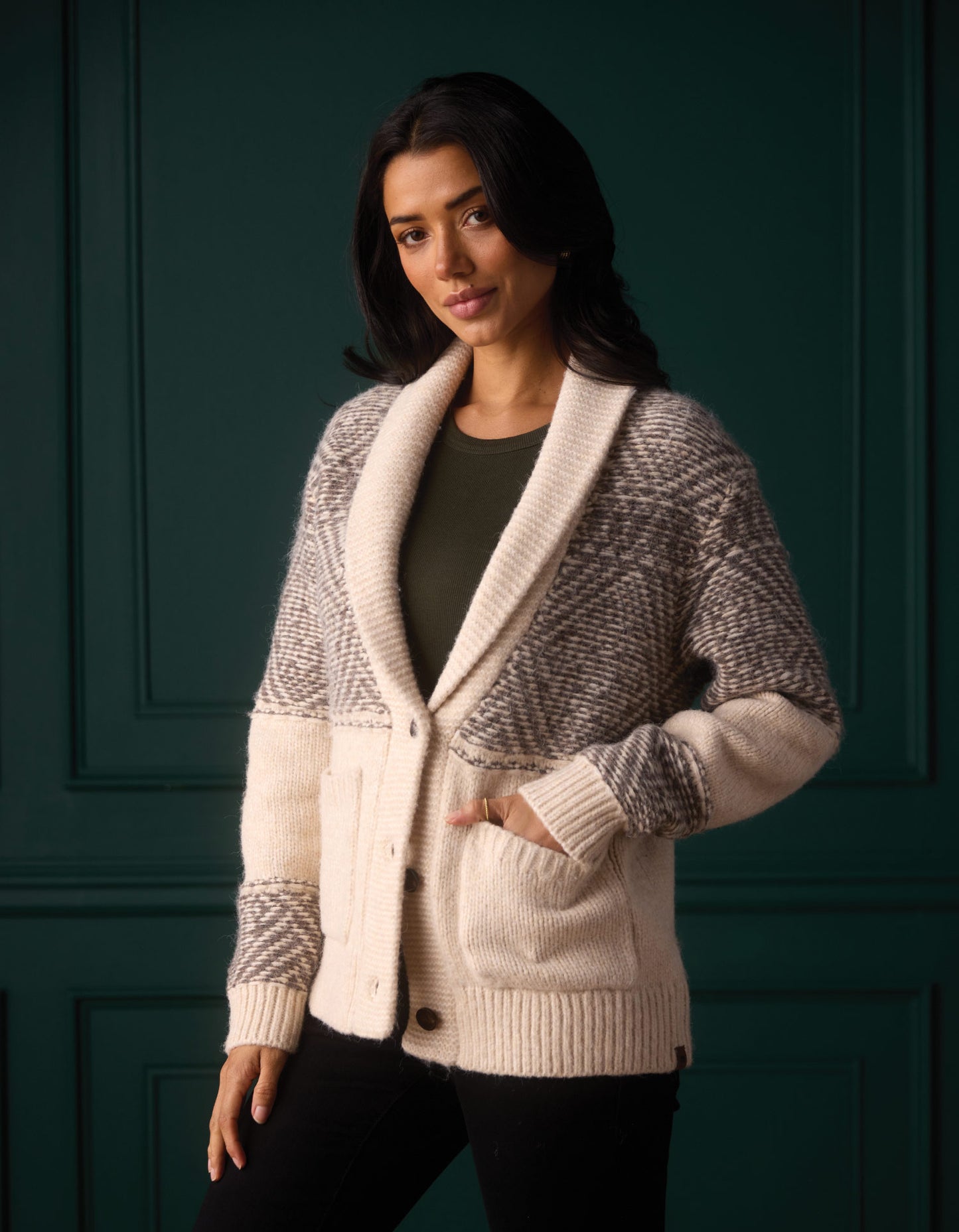 Shawl Collar Heritage Cardigan in Cream Multi