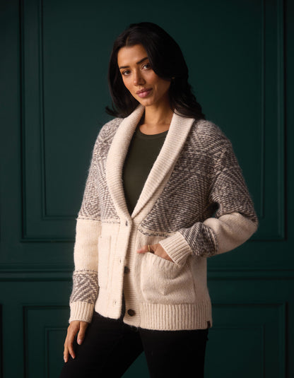 Shawl Collar Heritage Cardigan in Cream Multi